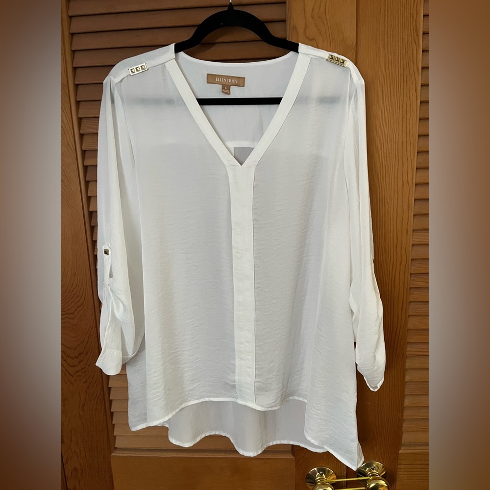 Ellen Tracy Sheer Top roll tab sleeve in white size large